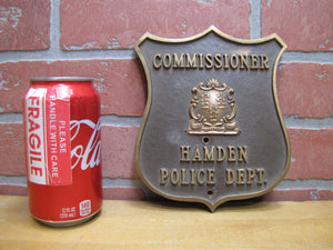 HAMDEN POLICE DEPT COMMISSIONER Brass Bronze Embossed Auto Truck Badge Sign CT