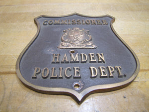 HAMDEN POLICE DEPT COMMISSIONER Brass Bronze Embossed Auto Truck Badge Sign CT
