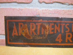 APARTMENTS FOR RENT 4 ROOMS Old Ad Tin Sign B&B Hotel Motel Boarding House