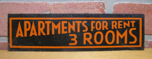 APARTMENTS FOR RENT 3 ROOMS Old Ad Tin Sign B&B Hotel Motel Boarding House