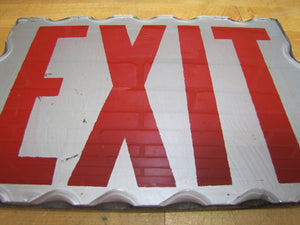 EXIT Sign Antique Chip Scalloped Reverse on Glass Advertising Sign Tin Frame Red Silver