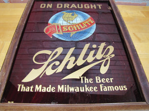 SCHLITZ ON DRAUGHT Old Reverse on Glass Sign The Beer That Made Milwaukee Famous ROG Wooden Frame Bar Pub Tavern Advertising
