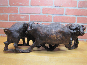 Old Ironwood Buffalo Herd Sculpture large hand carved artwork 4 horned and calf