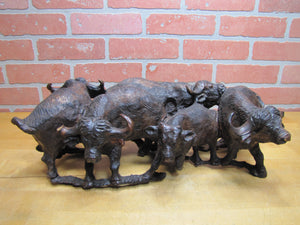Old Ironwood Buffalo Herd Sculpture large hand carved artwork 4 horned and calf