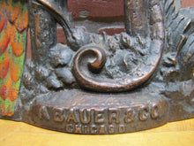 Load image into Gallery viewer, POLLY WANTS CHERRY DRIPS A BAUER &amp; Co CHICAGO Antique Advertising Clock Sign Cast Iron Multi Color Paint Design Pat Apld For RHTF

