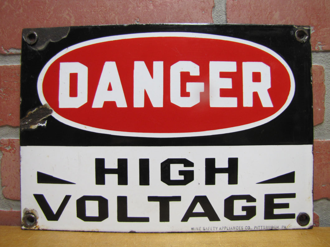 DANGER HIGH VOLTAGE Old Porcelain Sign MINE SAFETY APPLIANCES Co PITTSBURGH PA
