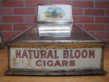 Load image into Gallery viewer, NATURAL BLOOM CIGARS Antique Cigar Store Display Case Tin Litho Sign PROPERTY OF HARRY BLUM NYC FELDHUHN DISPLAY CASE Co NYC

