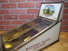 Load image into Gallery viewer, NATURAL BLOOM CIGARS Antique Cigar Store Display Case Tin Litho Sign PROPERTY OF HARRY BLUM NYC FELDHUHN DISPLAY CASE Co NYC
