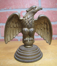 Load image into Gallery viewer, EAGLE Antique Cast Iron Spread Winged Paperweight Statue Tiered Base Old Gold Paint
