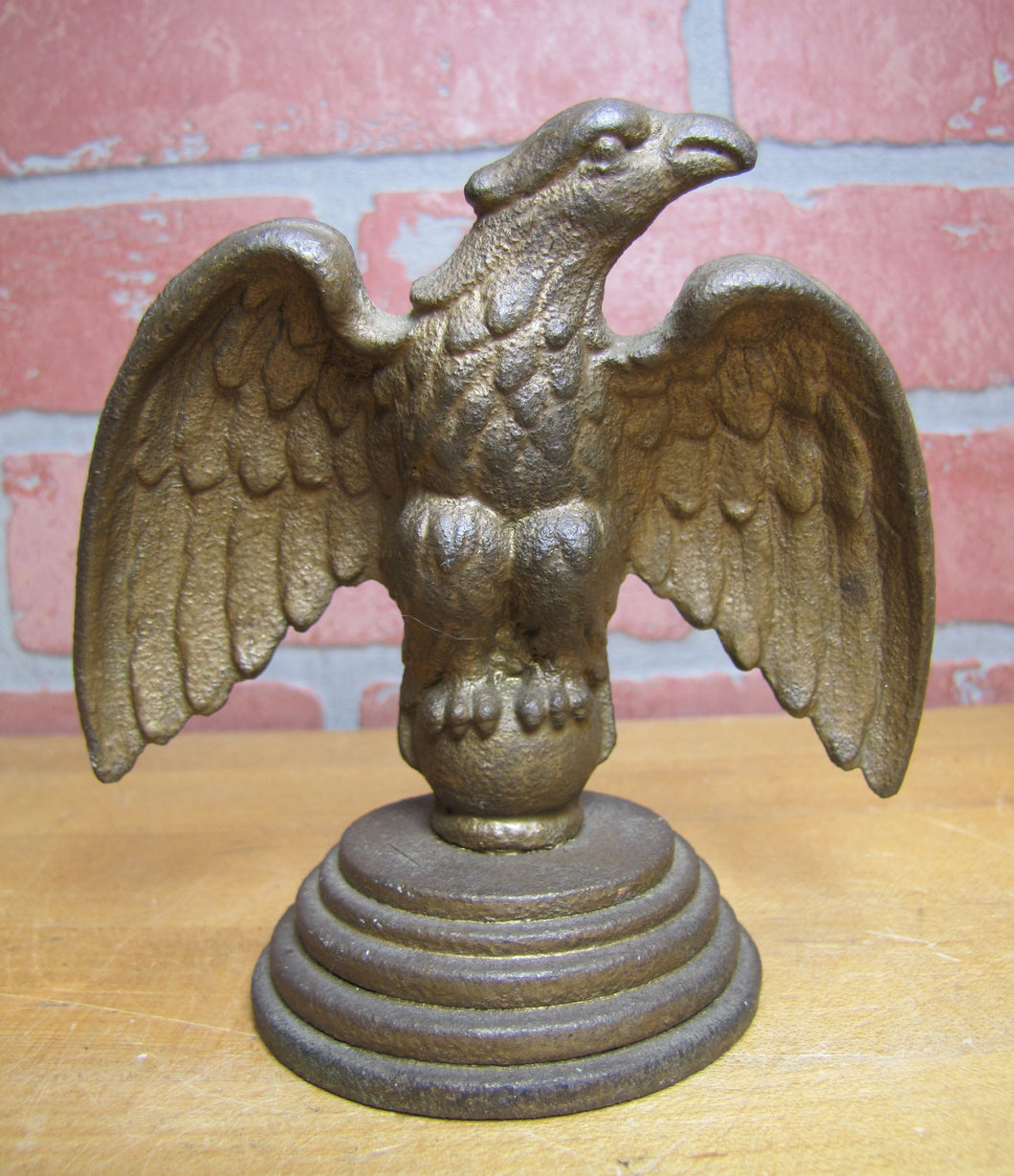 EAGLE Antique Cast Iron Spread Winged Paperweight Statue Tiered Base Old Gold Paint
