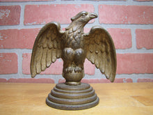 Load image into Gallery viewer, EAGLE Antique Cast Iron Spread Winged Paperweight Statue Tiered Base Old Gold Paint
