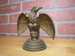 EAGLE Antique Cast Iron Spread Winged Paperweight Statue Tiered Base Old Gold Paint