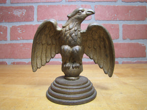 EAGLE Antique Cast Iron Spread Winged Paperweight Statue Tiered Base Old Gold Paint