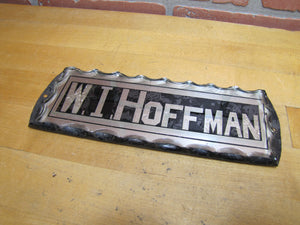 W I HOFFMAN Antique Reverse on Chip Glass Sign Scalloped Edge Tin Back Frame Advertising Name Business