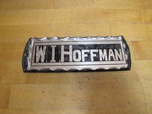 W I HOFFMAN Antique Reverse on Chip Glass Sign Scalloped Edge Tin Back Frame Advertising Name Business
