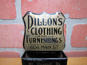 DILLON'S CLOTHING & FURNISHINGS MT PLEASANT PA Antique Advertising Match Holder MEEK COSHOCTON O