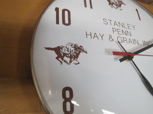STANLEY PENN HAY & GRAIN Vintage Advertising Clock Bowed Glass RIDER RACE HORSE