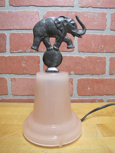 CIRCUS ELEPHANT ON BALL Art Deco Budoir Tiered Pink Glass Lamp Light Figural Topper