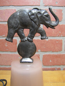 CIRCUS ELEPHANT ON BALL Art Deco Budoir Tiered Pink Glass Lamp Light Figural Topper