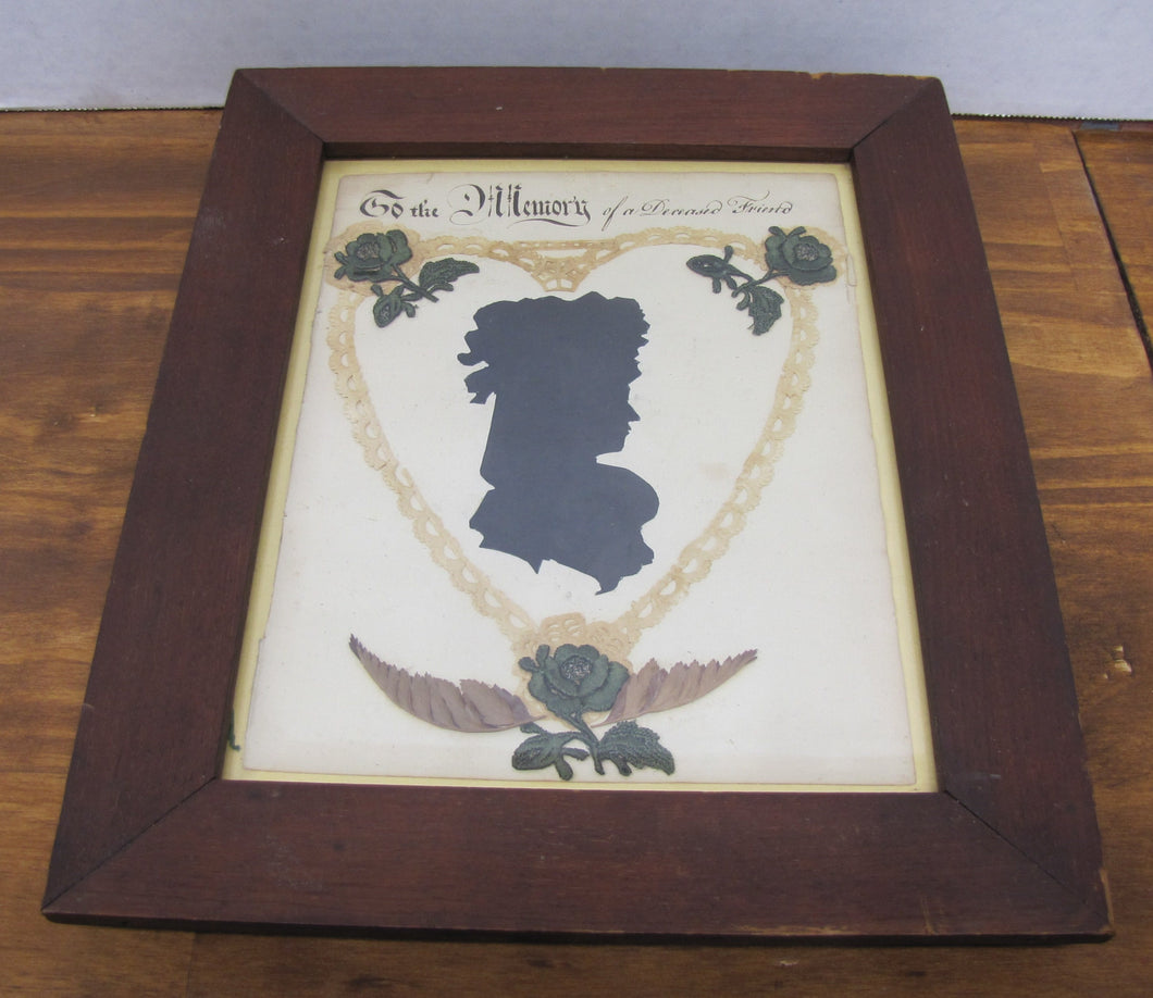 TO THE MEMORY OF A DEAREST FRIEND Antique Folk Art Funeral In Memorium Memorial Plaque Rememberance Art Embroidery Side View Ladies Bust Flowers Rose Heart