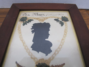 TO THE MEMORY OF A DEAREST FRIEND Antique Folk Art Funeral In Memorium Memorial Plaque Rememberance Art Embroidery Side View Ladies Bust Flowers Rose Heart