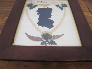 TO THE MEMORY OF A DEAREST FRIEND Antique Folk Art Funeral In Memorium Memorial Plaque Rememberance Art Embroidery Side View Ladies Bust Flowers Rose Heart