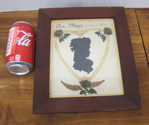 TO THE MEMORY OF A DEAREST FRIEND Antique Folk Art Funeral In Memorium Memorial Plaque Rememberance Art Embroidery Side View Ladies Bust Flowers Rose Heart