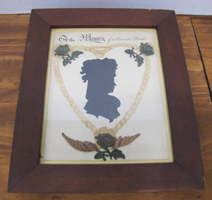 TO THE MEMORY OF A DEAREST FRIEND Antique Folk Art Funeral In Memorium Memorial Plaque Rememberance Art Embroidery Side View Ladies Bust Flowers Rose Heart