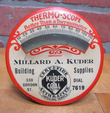 Load image into Gallery viewer, KUDER COAL ANTHRACITE BUILDING SUPPLIES Old Celluloid Advertising Thermometer THERMO-SCOPE
