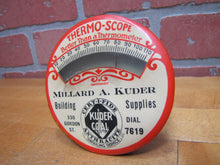 Load image into Gallery viewer, KUDER COAL ANTHRACITE BUILDING SUPPLIES Old Celluloid Advertising Thermometer THERMO-SCOPE

