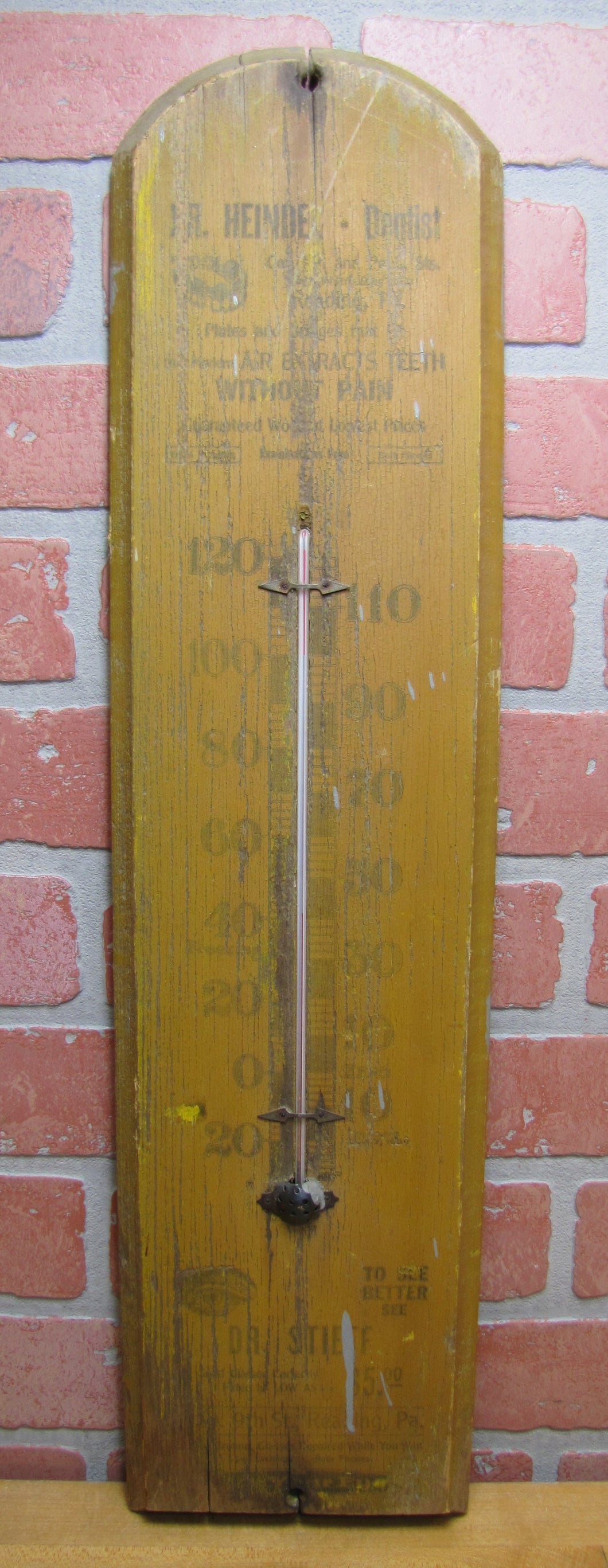 Dr HEINDEL Dentist Dr STIEFF Glasses 9th St READING PA Old Wooden Ad Thermometer Sign Optometrist  Dental Advertising Teeth Eye