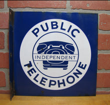 Load image into Gallery viewer, INDEPENDENT PUBLIC TELEPHONE Original Old Porcelain Double Sided Flange Advertising Sign
