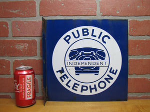 INDEPENDENT PUBLIC TELEPHONE Original Old Porcelain Double Sided Flange Advertising Sign