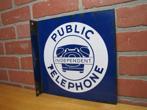 INDEPENDENT PUBLIC TELEPHONE Original Old Porcelain Double Sided Flange Advertising Sign