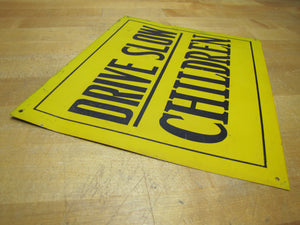 DRIVE SLOW CHILDREN Old Sign Tin Metal Safety Transportatin Advertising Y&B
