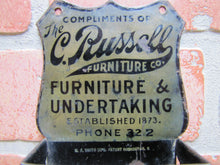 Load image into Gallery viewer, C RUSSELL FURNITURE &amp; UNDERTAKING OHIO Antique Advertising Tin Match Holder W F SMITH CO PATENT COSHOCTON O
