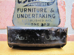 C RUSSELL FURNITURE & UNDERTAKING OHIO Antique Advertising Tin Match Holder W F SMITH CO PATENT COSHOCTON O