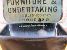 Load image into Gallery viewer, C RUSSELL FURNITURE &amp; UNDERTAKING OHIO Antique Advertising Tin Match Holder W F SMITH CO PATENT COSHOCTON O
