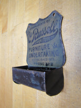 Load image into Gallery viewer, C RUSSELL FURNITURE &amp; UNDERTAKING OHIO Antique Advertising Tin Match Holder W F SMITH CO PATENT COSHOCTON O
