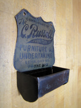 Load image into Gallery viewer, C RUSSELL FURNITURE &amp; UNDERTAKING OHIO Antique Advertising Tin Match Holder W F SMITH CO PATENT COSHOCTON O

