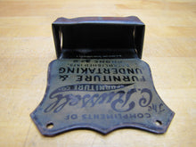 Load image into Gallery viewer, C RUSSELL FURNITURE &amp; UNDERTAKING OHIO Antique Advertising Tin Match Holder W F SMITH CO PATENT COSHOCTON O
