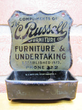 Load image into Gallery viewer, C RUSSELL FURNITURE &amp; UNDERTAKING OHIO Antique Advertising Tin Match Holder W F SMITH CO PATENT COSHOCTON O
