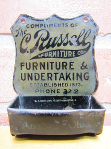 C RUSSELL FURNITURE & UNDERTAKING OHIO Antique Advertising Tin Match Holder W F SMITH CO PATENT COSHOCTON O