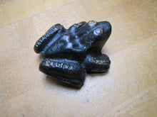Load image into Gallery viewer, WYATT MFG Co SALINA KANS Antique Cast Iron Frog Figural Paperweight Sign Farm Machinery Company Advertising
