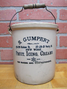 S GUMPERT NEW YORK FRUIT ICING CREAMS Antique Bakery Advertising Stoneware Crock FOR BAKERS AND CONFECTIONERS Hudson St Vestry St NY