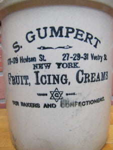 S GUMPERT NEW YORK FRUIT ICING CREAMS Antique Bakery Advertising Stoneware Crock FOR BAKERS AND CONFECTIONERS Hudson St Vestry St NY