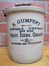 Load image into Gallery viewer, S GUMPERT NEW YORK FRUIT ICING CREAMS Antique Bakery Advertising Stoneware Crock FOR BAKERS AND CONFECTIONERS Hudson St Vestry St NY
