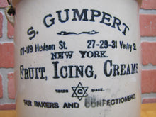 Load image into Gallery viewer, S GUMPERT NEW YORK FRUIT ICING CREAMS Antique Bakery Advertising Stoneware Crock FOR BAKERS AND CONFECTIONERS Hudson St Vestry St NY

