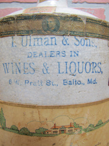 ULMAN & SONS DEALERS IN WINES & LIQUORS BALTO MD Antique Stoneware Jug Folk Art Distillery Merchant