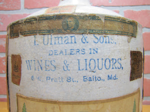 ULMAN & SONS DEALERS IN WINES & LIQUORS BALTO MD Antique Stoneware Jug Folk Art Distillery Merchant
